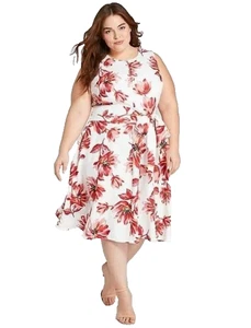 Lane Bryant Dress NEW Size 22 Red White Floral Belted Midi Fit Flare Pockets - Picture 1 of 15