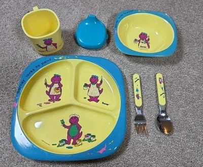 Juego de cena de melamina de dinosaurio Barney 1992 vintage - plato taza tazón tenedor cuchara usado en excelente estado Foto 1 de 4