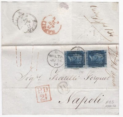 1874 QV FINE PAIR 2d BLUE STAMPS PLATE14 ON MALTA WRAPPER TO NAPOLI PD 2 3/4 - Изображение 1 из 4