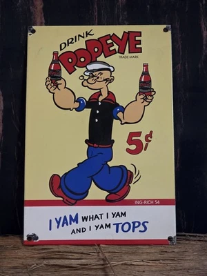 VINTAGE POPEYE PORCELAIN SIGN OLD SODA SAILOR BEVERAGE COLA POP CARTOON 12"x8" - Image 1 of 4