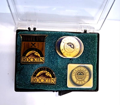 Colorado Rockies 1993 Inaugural Season lapel/hat pin set in display case - Image 1 of 4