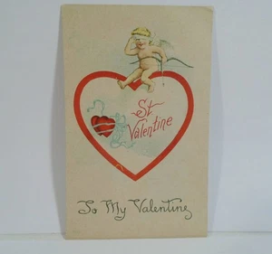 Antigua postal de San Valentín con venda para los ojos de Cupido sentado en el corazón de To My Valentine  - Imagen 1 de 2