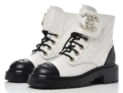 BNWB Chanel White Quilted Leather Combat Boot Magnetic CC Black Cap Toe Size 36 - Image 1 of 4