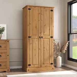 Corona Wardrobe 2 Door Bedroom Solid Mexican Pine Wood Flat Top - Picture 1 of 5