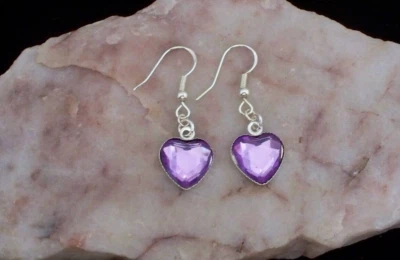  Purple Diamante Heart 12 mm Cabochon 925 Silver Hook Earrings. Handmade   Foto 1 de 4