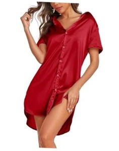 Women's Satin Silk Nightgown Button Down Night Shirt Sexy XX-Large Wine Red - Picture 1 of 7