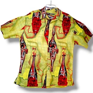 Box Office Islands Hawaiian Shirt Men Oversize M Green Red World Map Tribal Mask - Imagen 1 de 12