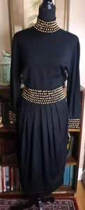 Vintage Ann Tjian for Kenar 2 Black & Gold Dress Wool Blend Women's Large  - Picture 1 of 10