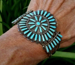 Vintage Nachlass Sterling Silber Petit Point Türkis Signiert Armreif Armband - Bild 1 von 12