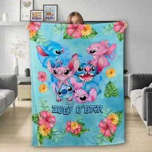 Personalized Stitch And Angel Couple Tropical Hibiscus Flowers Blanket - Picture 1 of 4