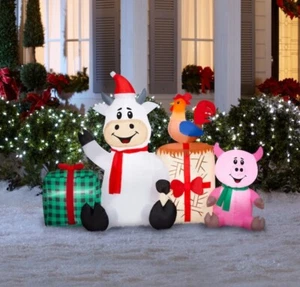 BARNYARD SCENE CHRISTMAS INFLATABLE Cow Pig Rooster Presents 6ft Wide AirBlown - Picture 1 of 5