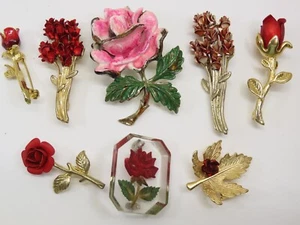 Lote broche prendedor vintage tono oro rojo tallo rosa esmalte Tanager II DM 1997 + D2172 - Imagen 1 de 7
