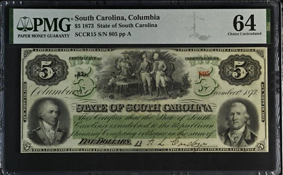 South Carolina Columbia 1873 $5 CR.15 -- PMG 64 Choice Uncirculated - Image 1 of 3