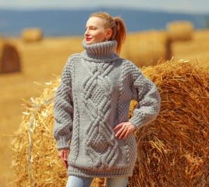 SUPERTANYA gray thick wool sweater pullover cable knit turtleneck jumper L size - Picture 1 of 7
