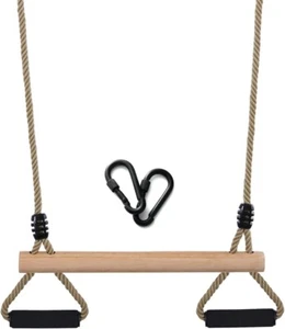 Wooden Trapeze Swing Bar with Gym Rings for Children's Swing Set Indoor Outdoor - Picture 1 of 6