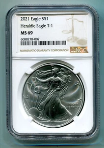 T-1 2021 American Silver Eagle Heráldico NGC MS69 Marrón Etiqueta Tipo Uno Plaza - Imagen 1 de 2