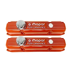 NOS Mopar 383 400 440 ORANGE Die-Cast Aluminum Valve Covers W/ Logo Breathers - Picture 1 of 4