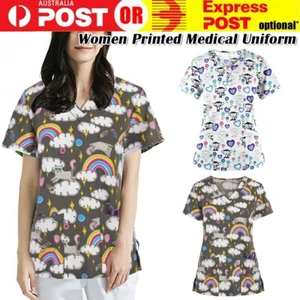 Womens Printed Medical Uniform Nursing T-Shirt Scrub Short Sleeve Pocket Tops AU - Picture 1 of 8