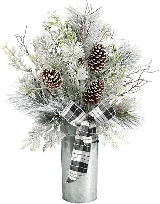 Nearly Natural 28in. Frosted Greenery and Pinecone with Plaid Bow Artificial ... - Image 1 of 4