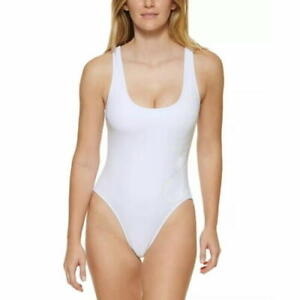 MSRP $98 Calvin Klein SOFT WHITE Deep U-Back Logo One-Piece Swimsuit  US Medium