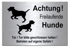Freilaufende-Hunde-Alarm-Video-30 x 20 cm Alu-Edelstahl-Optik-Schild-Warnschild - Bild 1 von 1