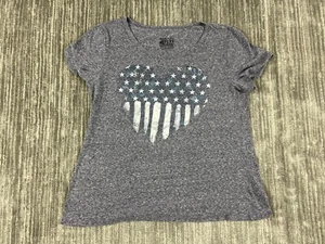 American Flag Heart Shirt Top Womens Large Blue Gray Glittery Made in USA - Picture 1 of 11