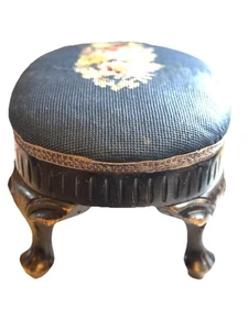 Needlepoint Antique Footstool Cottage Core Blue Flowered Gift Collect Small - Picture 1 of 11