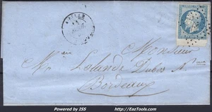 FRANCE N°14Af BLEU LAITEUX SUR LETTRE PC 222 AZILLE AUDE + CAD DU 14/04/1855 - Picture 1 of 2