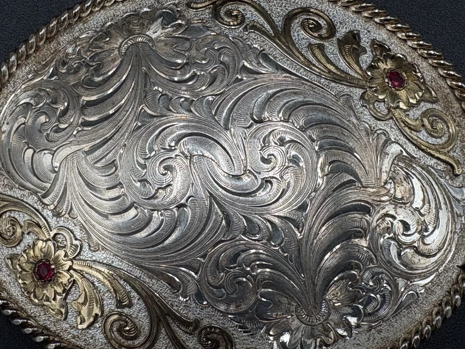 Vtg  MONTANA SILVERSMITHS Belt Buckle Ruby's SILVER PLATE Engraved Floral Cowboy - Image 1 of 4