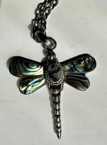 VTG Abalone Shell Dragonfly Pendant Sterling Silver 925 Insect Bug & 11” Chain - Picture 1 of 8