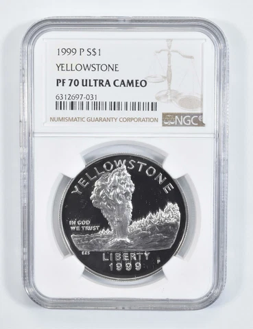 1999 P Yellowstone Park Commemorative Proof Silver Dollar NGC PF70 Cover