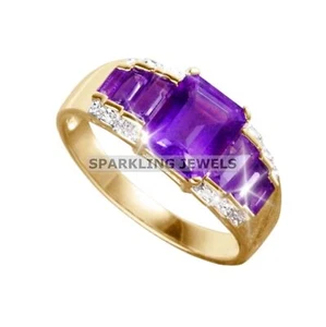 Calibrated Amethyst Emerald Cut With 925 Silver Gold Plated Ring For Men #C7 # - Picture 1 of 6