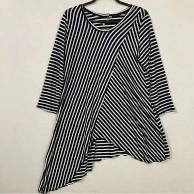 Comfy USA Blue White Striped Round Neck Soft Stretch Asymmetric Hem Tunic Small - Image 1 of 4