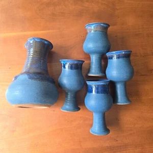 Pottery Stoneware Pitcher and Goblet set 5/ Blue Glaze Signed Mid-century modern - Picture 1 of 13