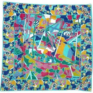Vintage Nik-Nik Cotton Scarf, Multicolor Abstract Mod Print, Tropical Boat Motif - Picture 1 of 9