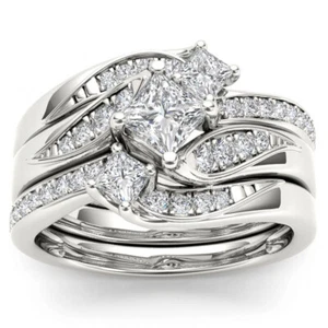 14k White Gold Princess Shape 1Ct Diamond Bridal Set Ring Size 8 Clarity I2 - Picture 1 of 6