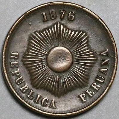 1876 Peru Dos 2 Centavos XF Radiant Sun Coin (24101403R) - Image 1 of 2