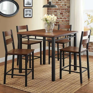 5pc Dark Oak Wooden Metal Counter Height Dining Pub Set Kitchen Table Bar Stools - Picture 1 of 6