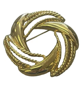 Vintage Big Textured Smooth Gold Tone Circle Swirl Brooch Pin Wreath Shape - Picture 1 of 8