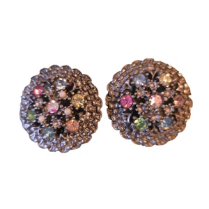 Vintage Clip On Earrings Silver-tone Pastel Crystal Rhinestone - Picture 1 of 7