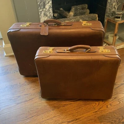 Set Of 2 Vintage Mark Cross Italy Framed Leather Suitcases 60s 70s Aged Patina - Image 1 of 4