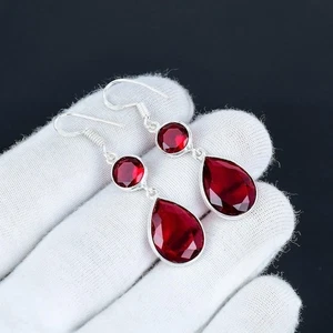 Red Garnet Gemstone Handmade Dangle Earrings 925 Sterling Silver Jewelry - Picture 1 of 7
