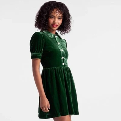 ModCloth Women's Velvet Green Retro Pearl Button Peter Pan Collar Dress- Size 4 - Image 1 of 4