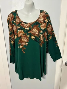 Neu mit Etikett JM Collection Smaragd Blumen Multi Stretchy Top mit 3/4-Ärmeln Übergröße 2X - Bild 1 von 3