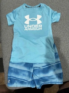 Under Armour Boys Swim Set – Size 7 – Blue Logo Shirt with Blue Tie-Dye Striped - Picture 1 of 2