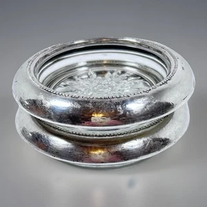 De Colección Par de Posavasos Empire Plata Esterlina Borde Copo de Nieve Vidrio 4" MCM Firmado - Imagen 1 de 13