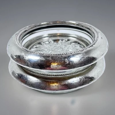 Vtg Pair Empire Sterling Silver Rimmed Coasters Snowflake Glass 4" MCM Signed - Image 1 of 4