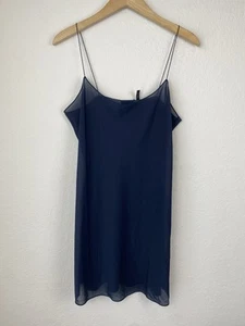 Abito Slip Theory 10 100% Seta Blu Navy Trasparente Romantico Y2k - Foto 1 di 6