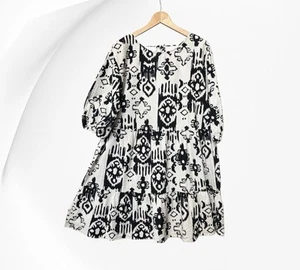 Cotton Dress Size 18 Black Cream Abstract Print Swishy Retro 70s Tunic Summer - Picture 1 of 24