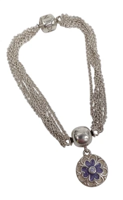 Pandora S925 ALE Silver Multi Strand Charm Bracelet With Purple Flower Pendant - Image 1 of 4
